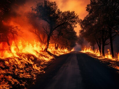 Raging wildfire consuming a forest landscape, a stark warning of the accelerating climate crisis