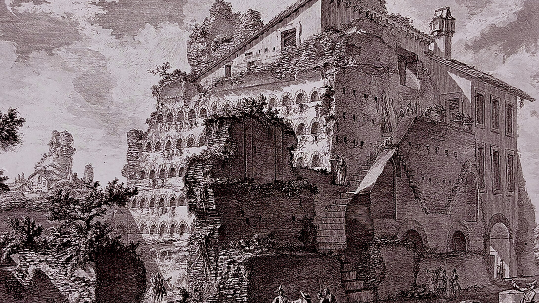 Veduta esterna delle tre Sale sepolcrali, credute della Famiglia d'Augusto, 370 x 500 mm. Retrieved from Ficacci, L. (2022). The Antiquities of Rome. In Piranesi: The Complete Etchings (p. 230)