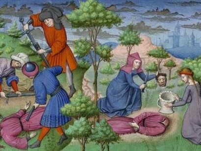 Quarta giornata, quinta novella: “I fratelli di Lisabetta ne uccidono l’amato. Staccata la testa dal corpo, la cela in un vaso. Glielo tolgono e muore di dolore”. Miniatura tratta dal ‘Decameron’ (codice del XV secolo), Bibliothèque de l’Arsenal, ms. 5070 réserve, fol. 162r