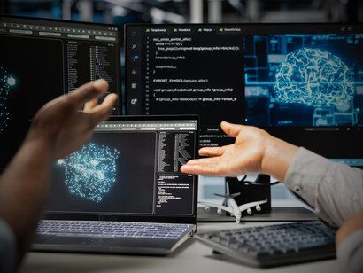 Specialists analyse a glowing digital brain, capturing how AI shapes the new architecture of power