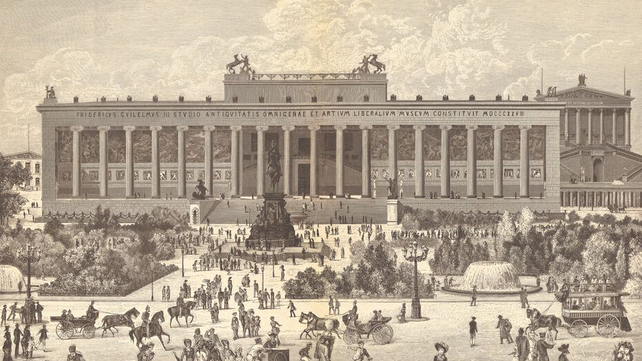 View of the Altes Museum in 1885, with the Alte Nationalgalerie visible in the background; print after a drawing by Robert Geissler, 1885. Mit freundlicher genehmigung des Alten Museums