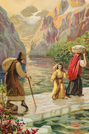 Liebig Chromos. Carta de colección, Serie 1347, Zaratustra (Zoroastro), Nº 2: El milagro en el puente de hielo. 1936