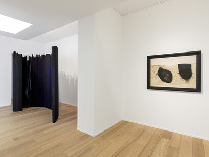 Alberto Burri and Nunzio, Nero x nero (Black x black), exhibition view. Courtesy of Mazzoleni Gallery