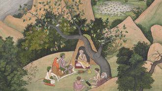 Illustrated folio from a dispersed Ramayana series, created in the late 18th century in Kangra, Himachal Pradesh, India. This delicate painting, now housed in The Metropolitan Museum of Art (accession number 1976.15), captures the serene moment when Rama, Sita, and Lakshmana visit the sage Bharadvaja’s forest hermitage. Rendered in the refined Pahari style, the scene reflects the grace, devotion, and lyrical naturalism characteristic of Kangra painting, with its lush landscape and gentle emotional expression