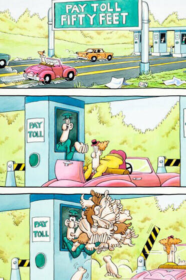 Don Martin (1931-2000), Pay toll fifty feet, 1980, Back cover illustration for MAD #213 (detail), (EC, 1980). Courtesy of MAD™