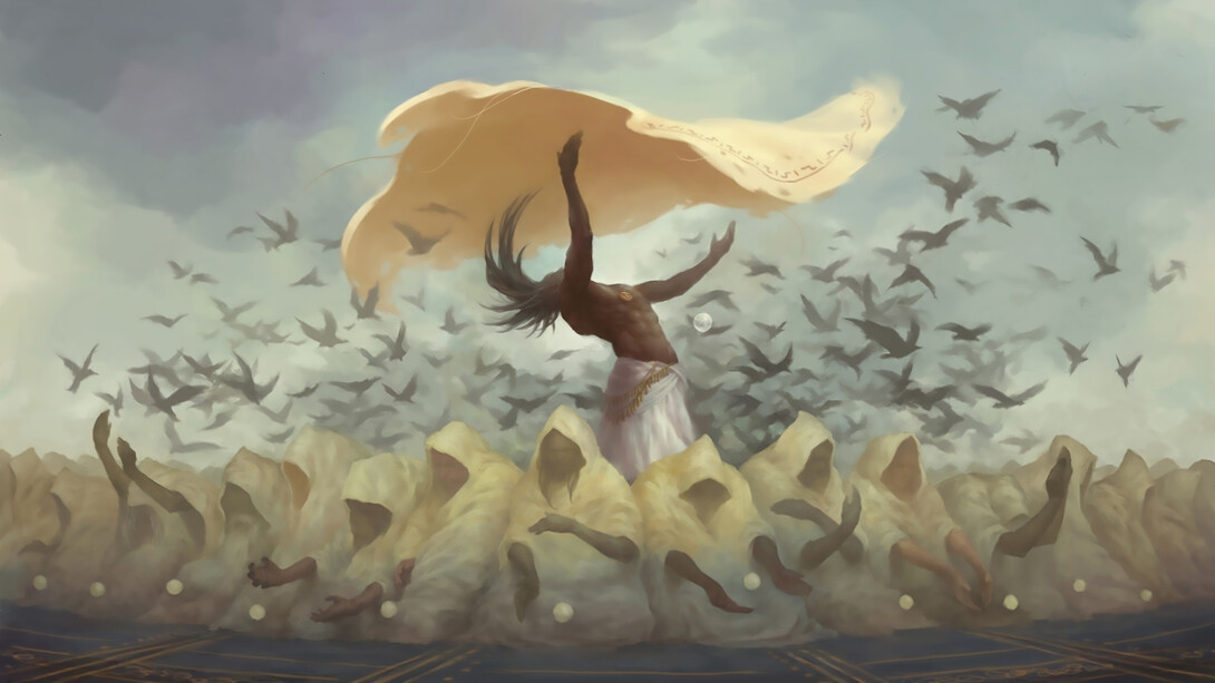 Painting of a male figure performing a ritual dance with crows, wearing a cloak