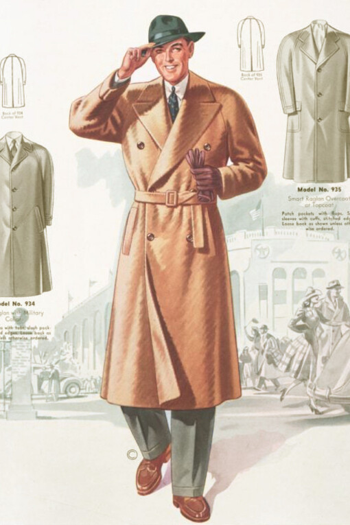 A three-button, double-breasted belted raglan overcoat with split sleeves, cuffs, and slash pockets — a smart men's topcoat design from a 1940s fashion magazine