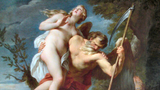 François Lemoyne (1688-1737) «El tiempo salva a la verdad de la falsedad y la envidia». «El Tiempo», representado con los rasgos de Saturno (un anciano alado armado con una guadaña), lleva a una mujer, «la Verdad», y derriba a otra, que yace en el suelo, «la Falsedad y la Envidia» (máscara sostenida con la mano izquierda).1737. Óleo sobre lienzo. Colección Wallace