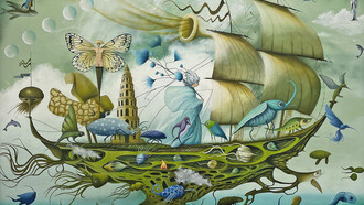 Maria Brzozowska, "Marzanna Farewell", acrílico y óleo. Poema etéreo que visualisa temas de memoria, mito y transformación