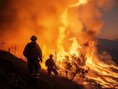 Flames sweep across dry terrain as firefighters battle relentless heat and wind
