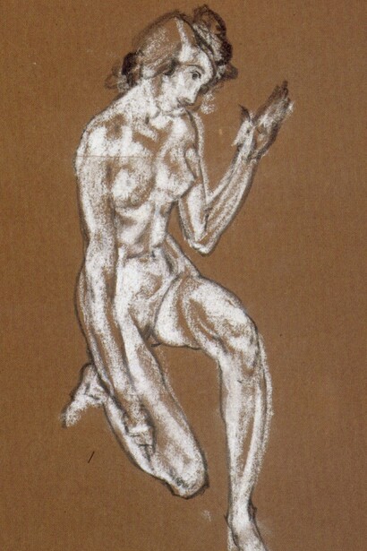 "Desnudo femenino arrodillado", tiza sobre papel, Arthur B. Davies, circa 1920