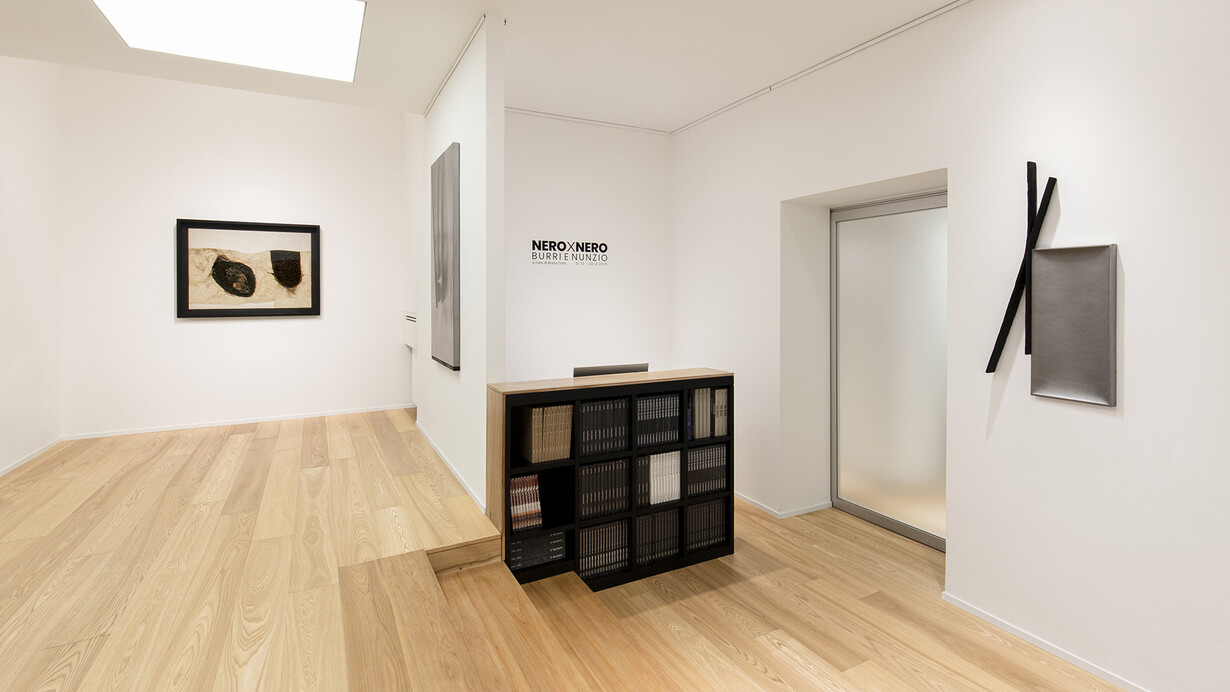 Alberto Burri and Nunzio, Nero x nero (Black x black), exhibition view. Courtesy of Mazzoleni Gallery