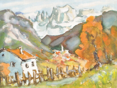 Rosengarten (Catinaccio): celebre formazione dolomitica, spesso rappresentata in scenari autunnali o invernali, come nel caso di questo acquerello di Hubert Mumelter, "Rosengarten im Herbst"