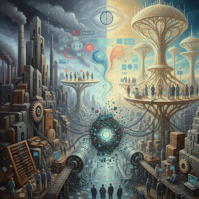 Depicting the tension between bureaucratic, data-driven systems and a future where interconnected intelligence provides 'orientation,' rather than mere data, ensuring decisions remain humanly intelligible