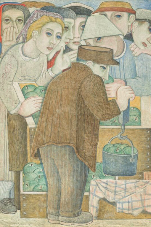 Miné Okubo, Grocer weighing produce (detail), 1940. Courtesy of Pennsylvania Academy of the Fine Arts