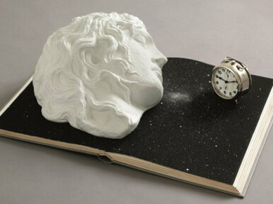 Senza titolo, 2009 book, plaster cast, clock 54 x 41 x 32 cm, Claudio Parmiggiani’s poetic assemblage suspends time—where a classical head dreams upon a cosmos-bound book, and an old clock marks the silence between memory and eternity. Image courtesy of the Artist/Estorick Collection of Modern Italian Art