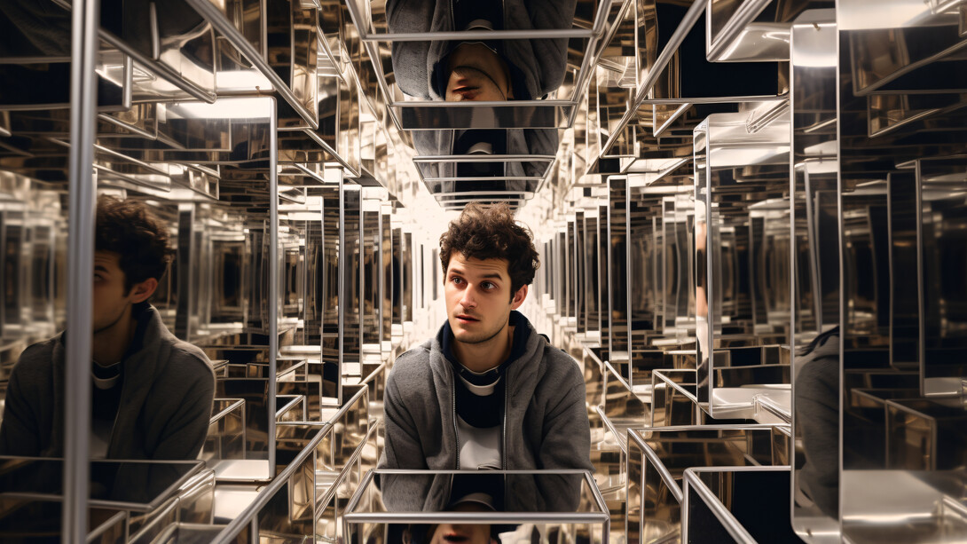 Uomo in un labirinto di specchi e riflessi, con un'espressione confusa