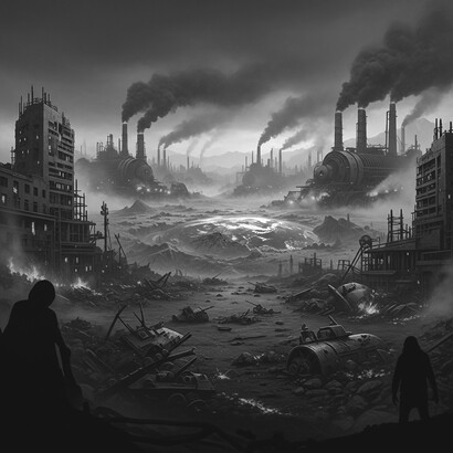 A dystopian, industrialized world shrouded in smog and surrounded by crumbling buildings. Mother Earth appears weary and defiled, her surface strewn with remnants of past wars that bear witness to humanity’s devastation