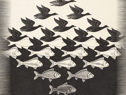 Grabado de M. C. Escher, "Cielo y agua I", circa 1938, Museo Escher en El Palacio Lange Voorhout, La Haya, Holanda