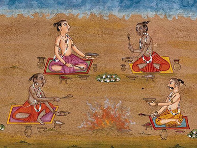 Four priests holding ritual vessels perform a yagna—a traditional Vedic fire sacrifice—offering oblations to Agni, the god of fire. This evocative gouache painting by an Indian artist captures the sacred atmosphere of an ancient ritual central to early Hindu worship