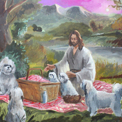 Charles Hascoët, Christ aux bichons, 2026. Avec l'aimable autorisation de la Galerie Magda Danysz
