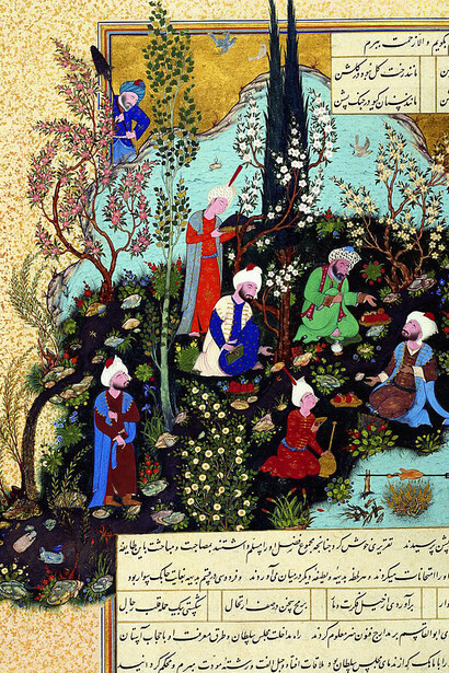Ferdowsi and the three Ghaznavid court poets, depicted in a 16th-century manuscript illustration highlighting the rich literary culture of the Persian Empire
