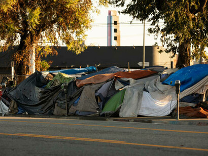 Homeless encampment in the United States highlighting urban poverty