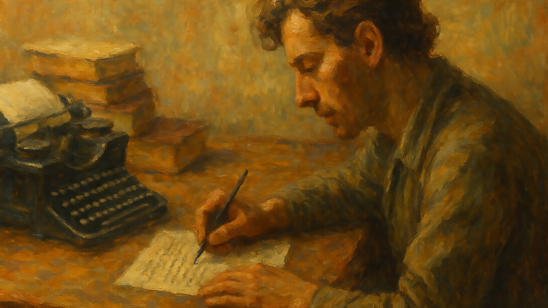 An impressionistic painting capturing the quiet intensity of thought, as a writer balances memory, rhythm, and silence at the edge of expression