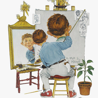 Richard Williams, Alfred E. Neuman and Norman Rockwell, 2002, Cover illustration for Mad Art: A visual celebration of MAD magazine and the idiots who create it (Watson Guptill, 2002) (detail). Courtesy of MAD™