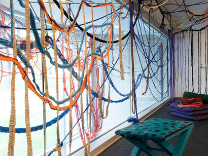 Sheila Pepe, When and where we rest, exhibition view. Courtesy of Tang Museum