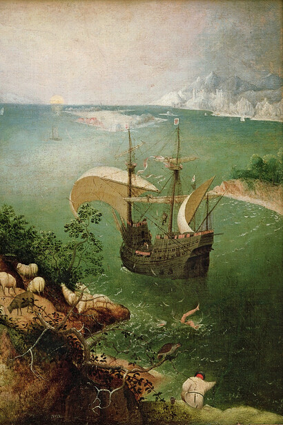 Pieter Brueghel el Viejo, Paisaje con la caída de Ícaro (1582 a 1625, detalle)