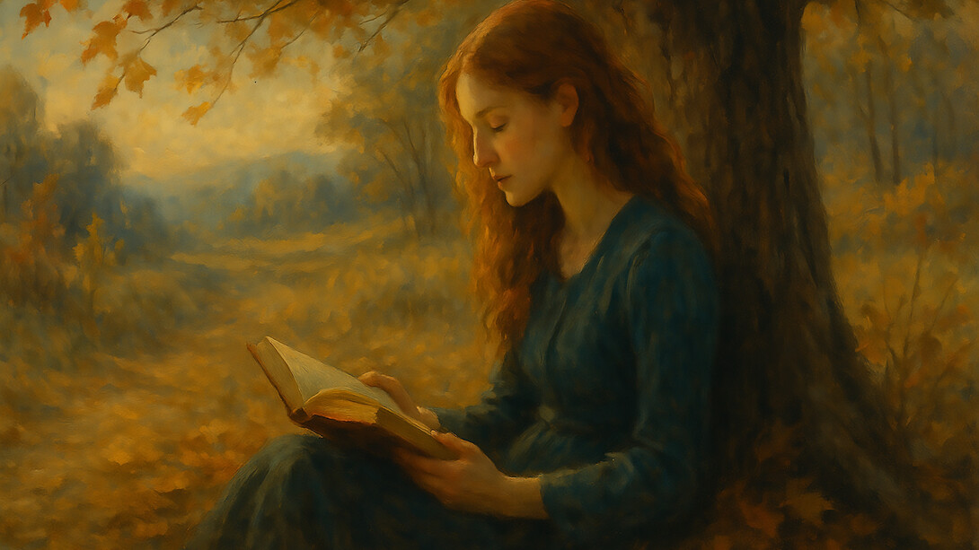 A young woman reads quietly beneath an autumn tree, lost in the world of stories as nature and solitude wrap gently around her