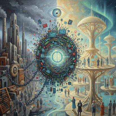 This image illustrates the civilizational shift from systems focused on industrial production and control to a future where coherence and enabling architectures define the new grammar of existence (Sapiopoiesis)