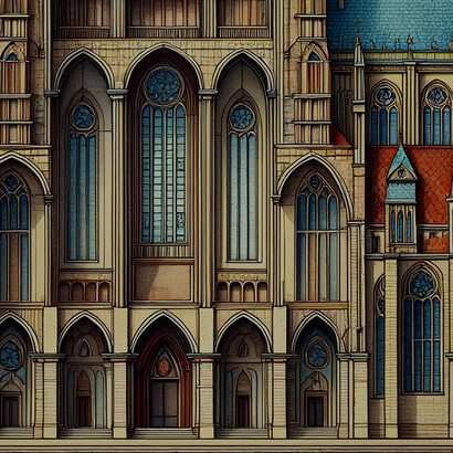 Detailschnitt: nebeneinander stehende Zweikreisspitzbogenfenster mit zwei unterschiedlichen Radien