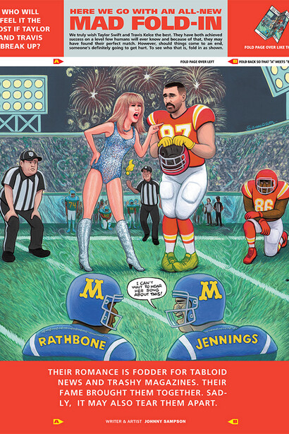 Johnny Sampson, Taylor and Travis, 2024, Super bowl cover illustration for MAD #36 (detail), April 2024. Courtesy of MAD™