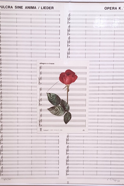 Luciano Ori (1928- 2007) Pulchra sine anima, Pure without soul (1975) collage on score mounted on panel, 80 x 60 cm. Ori is a fascinating but somewhat under-represented in terms of art history outside of Italy. As a painter and sculptor, his work often used found objects, manuscripts and musical staves to construct non-narrative meaning. His work also referred heavily into visual poetry and surrealism