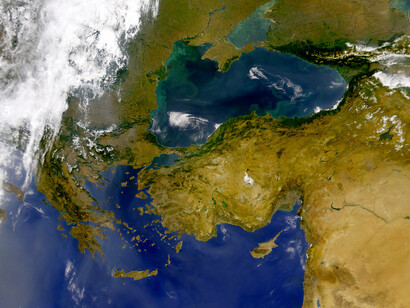 A detailed satellite view capturing the Eastern Mediterranean and the Black Sea, highlighting the geographical and topographical features of the region, 1998