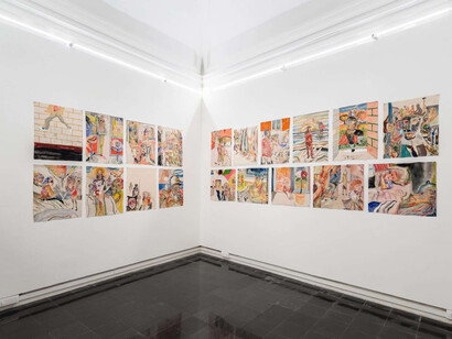 Pier Paolo Perilli, I quadrucci, veduta dell’esposizione. Cortesia della Galleria Eugenia Delfini