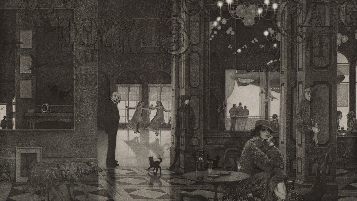 Peter Winslow Milton, Interiors IV: hotel Paradise Café (state 10) (detail). Courtesy of Risd Museum