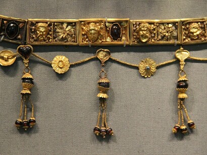 Hellenistic gold jewelry on display in the Treasure Gallery of the Altes Museum, Berlin, Germany