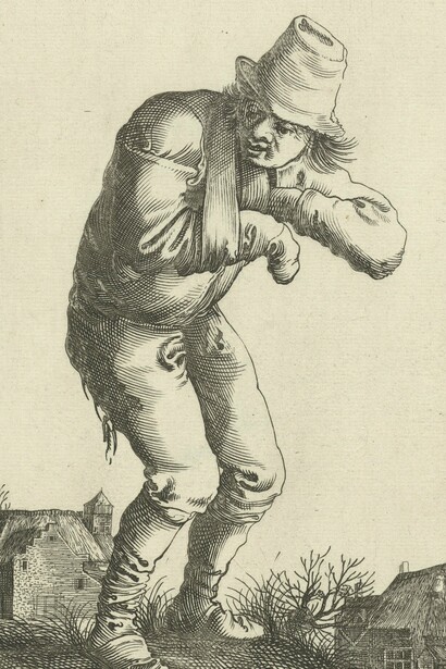 Pieter Quast, "Vagabundo con una honda", ilustración de la serie "Mendigos y campesinos", 1634-1638