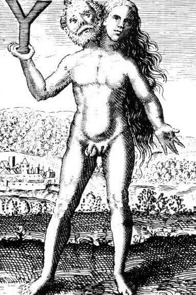 Androgino alchemico che tiene in mano la lettera Y, da un'incisione tratta dal "Symbola Aureae Mensae" (1617) di Michael Maier