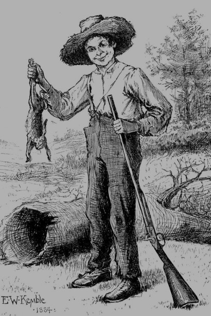 Drawing of Huckleberry Finn with a rabbit and a gun, from the original 1884 edition of the book