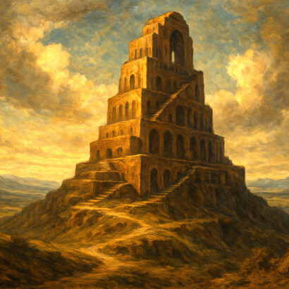 An abstract vision of a civilization in transition, dissolving old structures as new forms of meaning begin to emerge