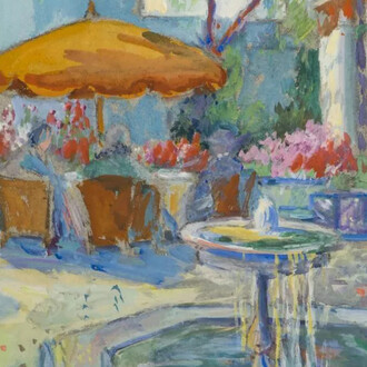 Gertrude Beals Bourne, Fountain with orange umbrella (detail), 1927. Courtesy of Childs Gallery