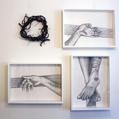 Giancarlo Marcali, E tutto diventa freddo, 2011, Polittico di quattro elementi, grafia su cartoncino, cm 70 x 50 ognuno