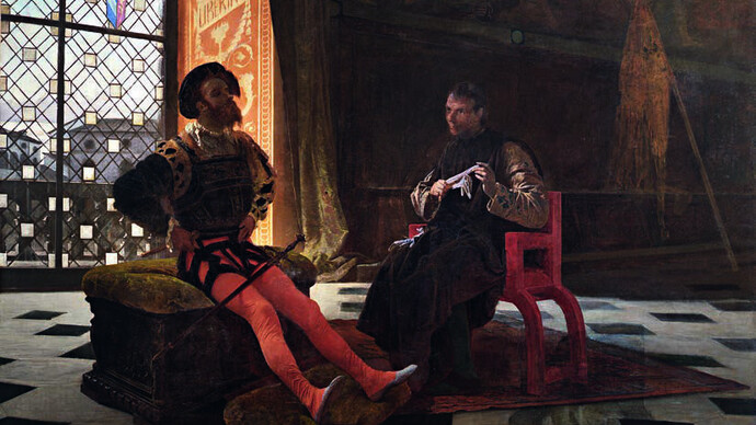 Federico Faruffini: "Borgia e Machiavelli". Legação de Niccolò Machiavelli, cidadão e secretário de Florença, a Cesare Borgia, Duque de Valentino. Maquiavel, ao retirar a máscara moralizante da política, expôs sua mecânica essencial com uma franqueza até então inédita, e essa franqueza ecoa violentamente no mundo contemporâneo, marcado por crises de representatividade, disputas narrativas e tecnologias de comunicação que amplificam percepções e emoções sociais