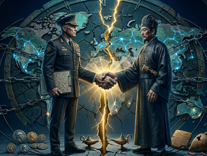 A fragile handshake over a fault line symbolizes the erosion of international law. The chained, shattered globe represents a world where diplomatic dialogue has been replaced by conflict and constant surveillance.