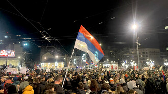 Demonstrators come together at Slavija Square in Belgrade on December 22, 2024