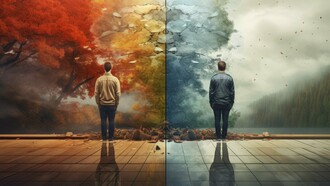 A lone figure stands between two opposing landscapes—one vibrant with autumn’s fiery hues, the other cold and fading into mist—visually embodying the inevitability of transformation and the dialectical balance between opposites